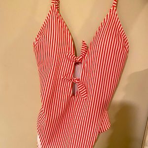 One piece red stripped bathing suit